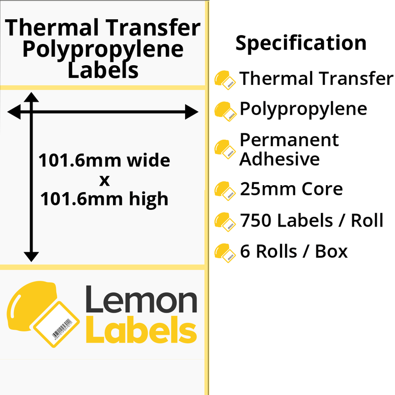 LL1033-26 - 101.6 x 101.6mm Gloss White Thermal Transfer Polypropylene Labels With Permanent Adhesive on 25mm Cores