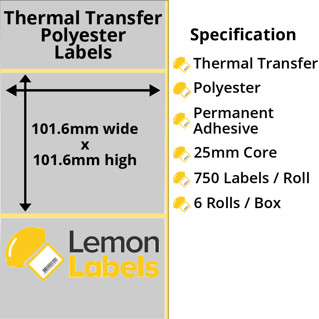 LL1033-27 - 101.6 x 101.6mm Silver Polyester Labels With Permanent Adhesive on 25mm Cores