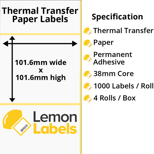 LL1034-21 - 101.6 x 101.6mm Thermal Transfer Paper Labels With Permanent Adhesive on 38mm Cores