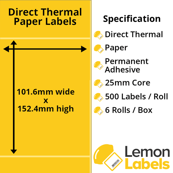 4 x 6" Yellow Direct Thermal Paper Labels For Zebra GK420D / LP2844 With Permanent Adhesive on 25mm Cores With Perforations - LL1039A-20Y