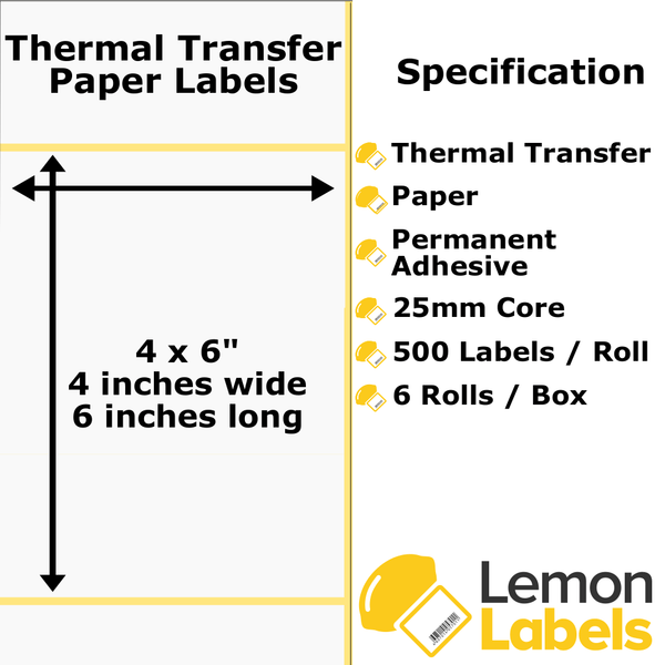 LL1039A-21 - 4x6" Thermal Transfer Paper Labels With Permanent Adhesive on 25mm Cores