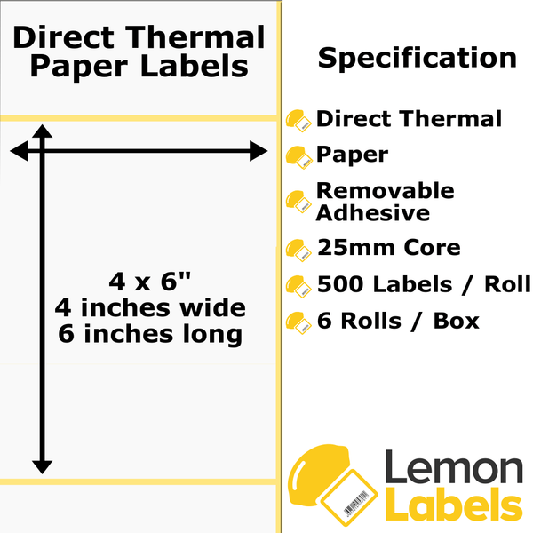 LL1039A-22 - 4x6" Direct Thermal Paper Labels With Removable Adhesive on 25mm Cores
