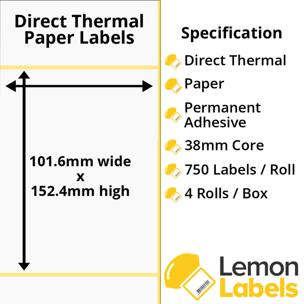 LL1040-20 - 101.6 x 152.4mm Direct Thermal Paper Labels With Permanent Adhesive on 38mm Cores