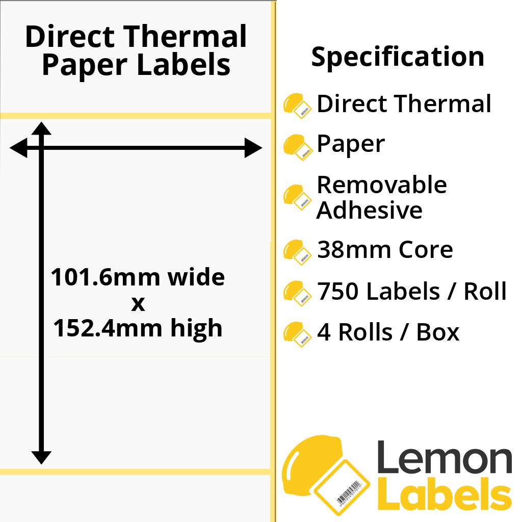 LL1040-22 - 101.6 x 152.4mm Direct Thermal Paper Labels With Removable Adhesive on 38mm Cores
