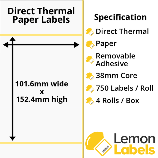 LL1040-22 - 101.6 x 152.4mm Direct Thermal Paper Labels With Removable Adhesive on 38mm Cores