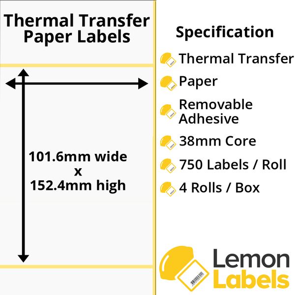 LL1040-23 - 101.6 x 152.4mm Thermal Transfer Paper Labels With Removable Adhesive on 38mm Cores