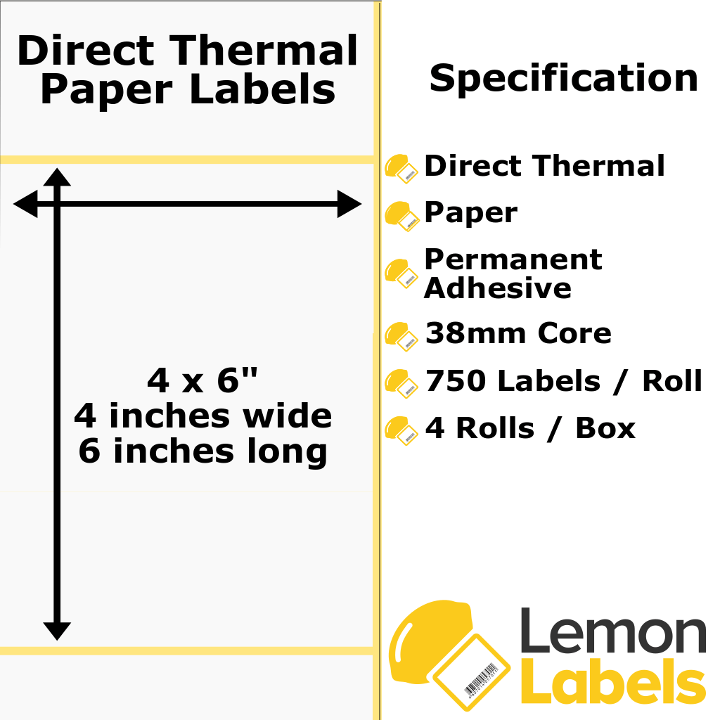 LL1040A-20 - 4x6" Direct Thermal Paper Labels With Permanent Adhesive on 38mm Cores