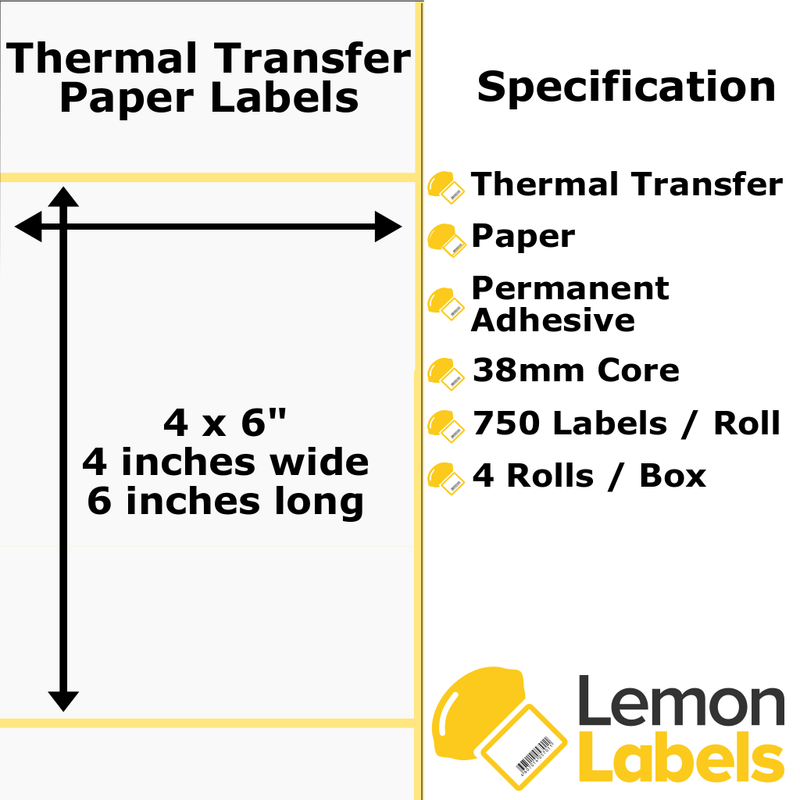 LL1040A-21 -4x6" Thermal Transfer Paper Labels With Permanent Adhesive on 38mm Cores
