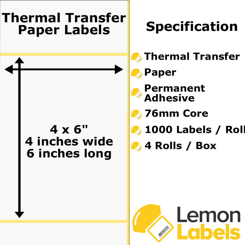 LL1041A-21 - 4x6" Thermal Transfer Paper Labels With Permanent Adhesive on 76mm Cores For Industrial Label Printers