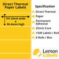 101.6 x 50.4mm Yellow Direct Thermal Paper Labels With Permanent Adhesive on 25mm Cores - LL1042-20Y