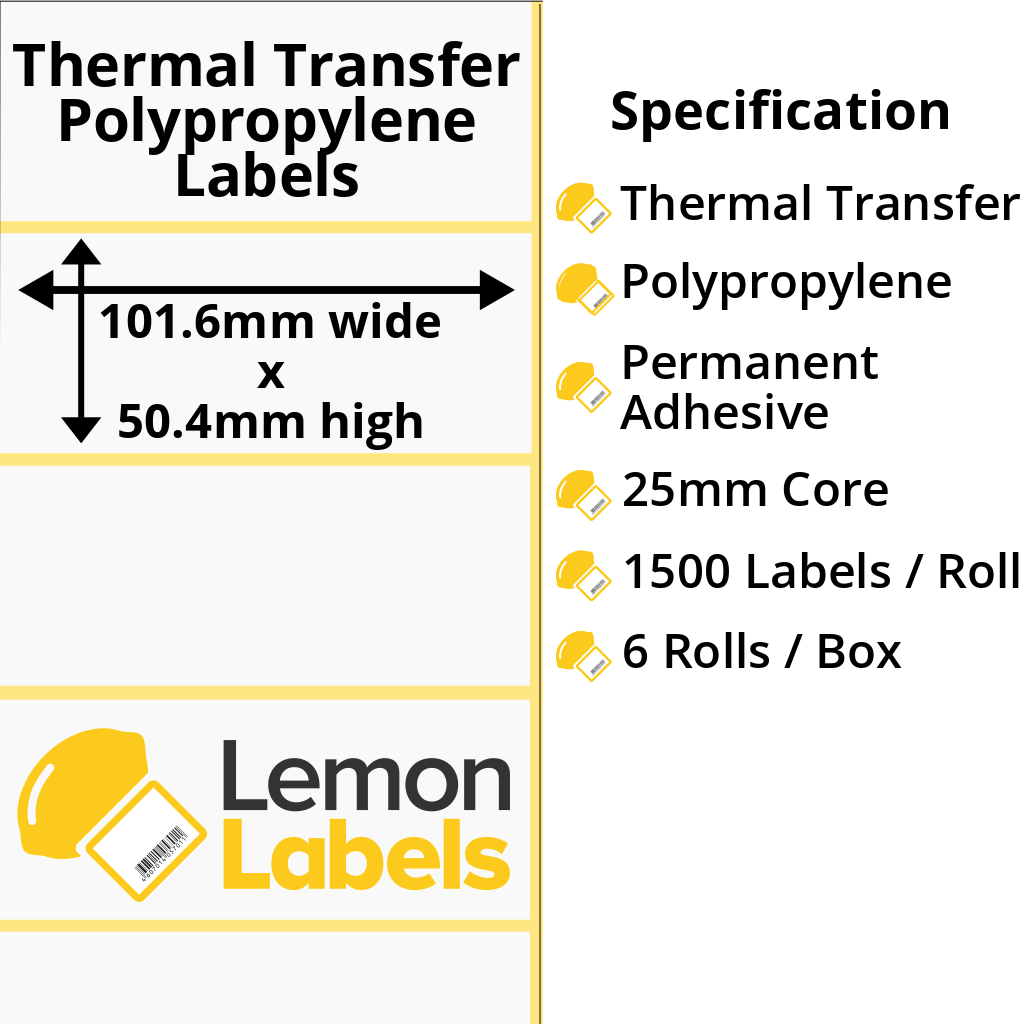 LL1042-26 - 101.6 x 50.4mm Gloss White Thermal Transfer Polypropylene Labels With Permanent Adhesive on 25mm Cores