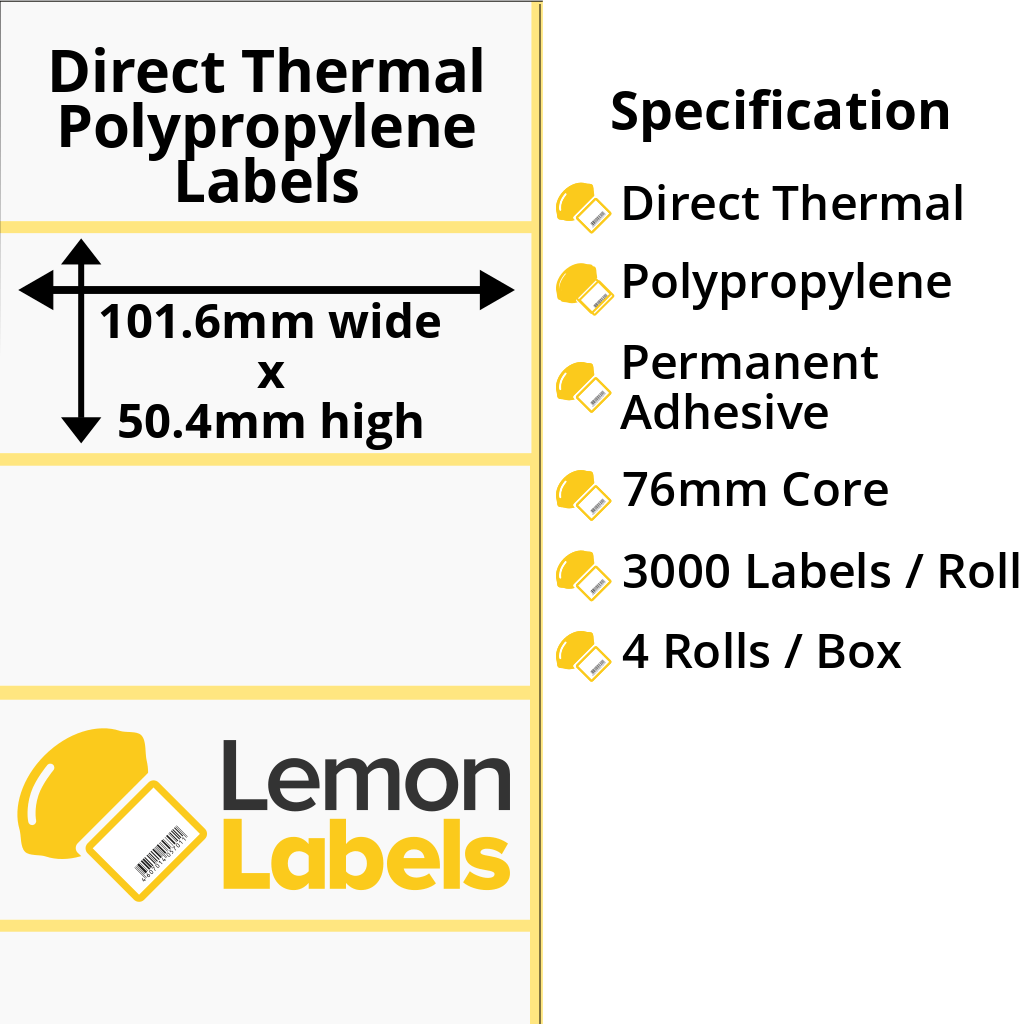 LL1044-24 - 101.6 x 50.4mm Direct Thermal Polypropylene Labels With Permanent Adhesive on 76mm Cores