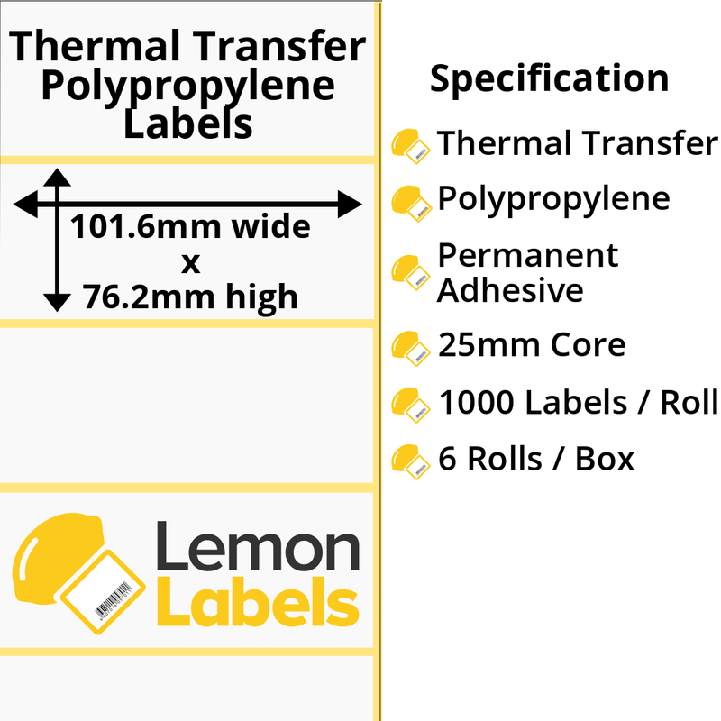 LL1045-26 - 101.6 x 76.2mm Gloss White Thermal Transfer Polypropylene Labels With Permanent Adhesive on 25mm Cores