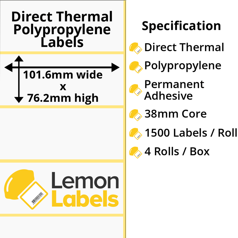 LL1046-24 - 101.6 x 76.2mm Direct Thermal Polypropylene Labels With Permanent Adhesive on 38mm Cores