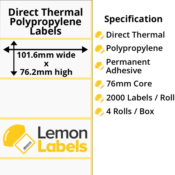 LL1047-24 - 101.6 x 76.2mm Direct Thermal Polypropylene Labels With Permanent Adhesive on 76mm Cores