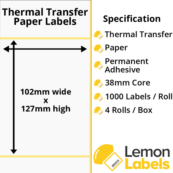 LL1052-21 - 102 x 127mm Thermal Transfer Paper Labels With Permanent Adhesive on 38mm Cores