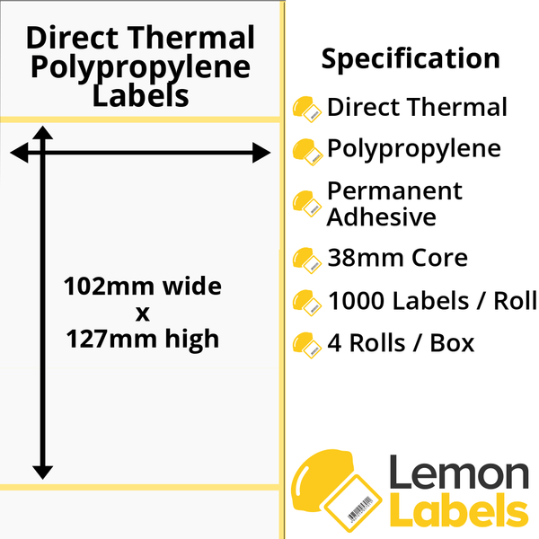 LL1052-24 - 102 x 127mm Direct Thermal Polypropylene Labels With Permanent Adhesive on 38mm Cores