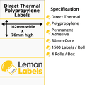 LL1061-24 - 102 x 76mm Direct Thermal Polypropylene Labels With Permanent Adhesive on 38mm Cores