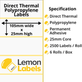 LL1063-24 - 105 x 25mm Direct Thermal Polypropylene Labels With Permanent Adhesive on 25mm Cores