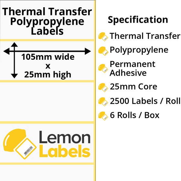 LL1063-26 - 105 x 25mm Gloss White Thermal Transfer Polypropylene Labels With Permanent Adhesive on 25mm Cores