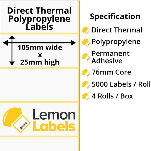 LL1065-24 - 105 x 25mm Direct Thermal Polypropylene Labels With Permanent Adhesive on 76mm Cores