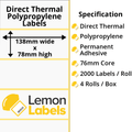 LL1074-24 - 138 x 78mm Direct Thermal Polypropylene Labels With Permanent Adhesive on 76mm Cores