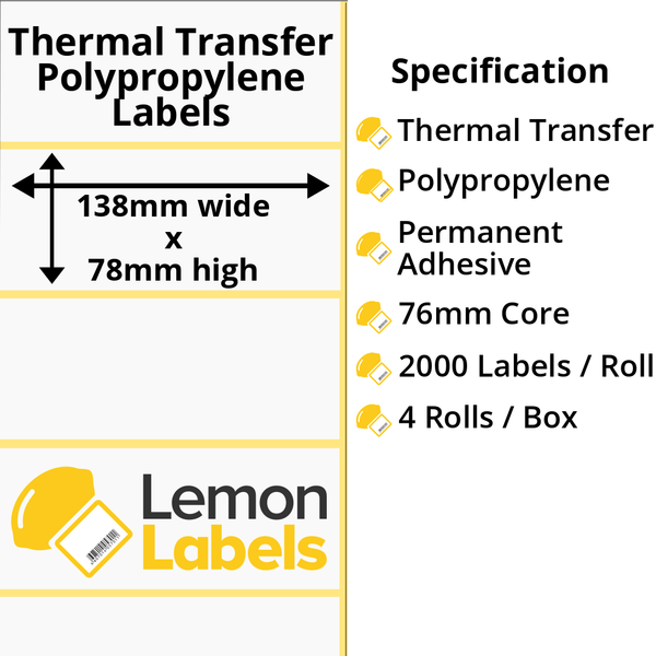 LL1074-26 - 138 x 78mm Gloss White Thermal Transfer Polypropylene Labels With Permanent Adhesive on 76mm Cores