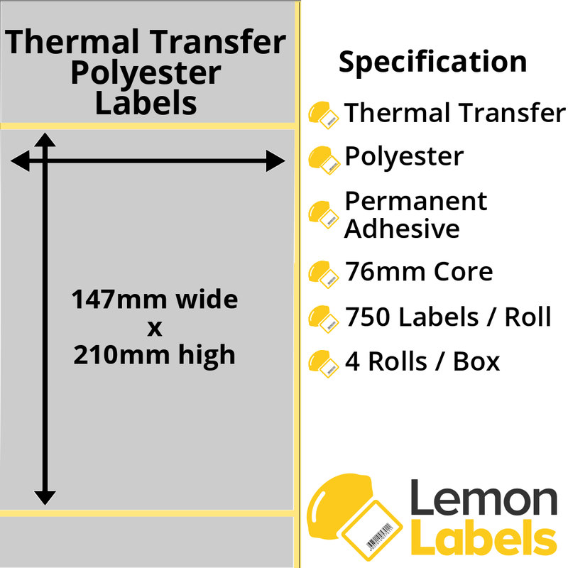 LL1077-27 - 147 x 210mm Silver Polyester Labels With Permanent Adhesive on 76mm Cores