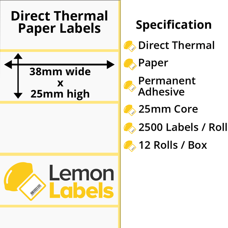 LL1096-20 - 38 x 25mm Direct Thermal Paper Labels With Permanent Adhesive on 25mm Cores