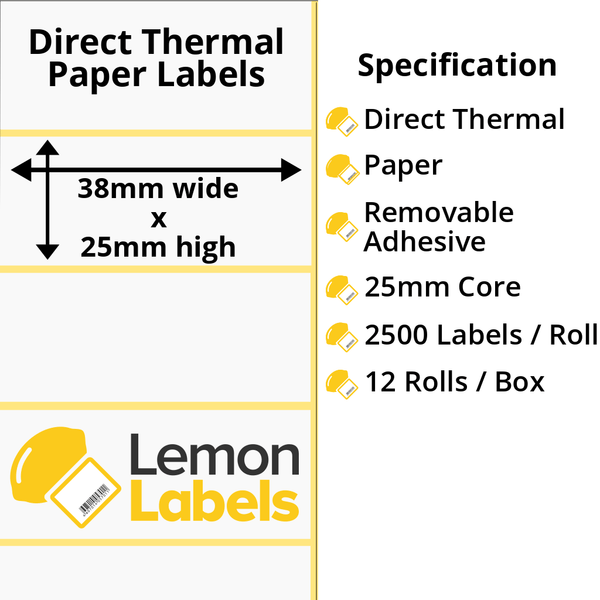LL1096-22 - 38 x 25mm Direct Thermal Paper Labels With Removable Adhesive on 25mm Cores