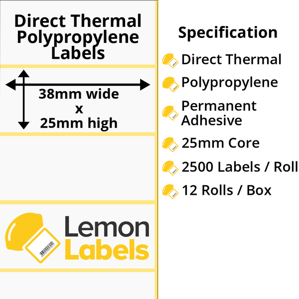 LL1096-24 - 38 x 25mm Direct Thermal Polypropylene Labels With Permanent Adhesive on 25mm Cores