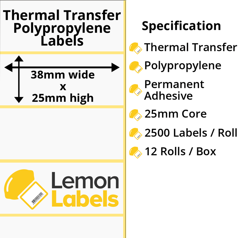 LL1096-26 - 38 x 25mm Gloss White Thermal Transfer Polypropylene Labels With Permanent Adhesive on 25mm Cores
