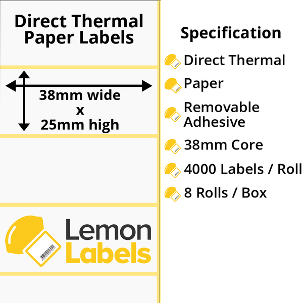LL1097-22 - 38 x 25mm Direct Thermal Paper Labels With Removable Adhesive on 38mm Cores