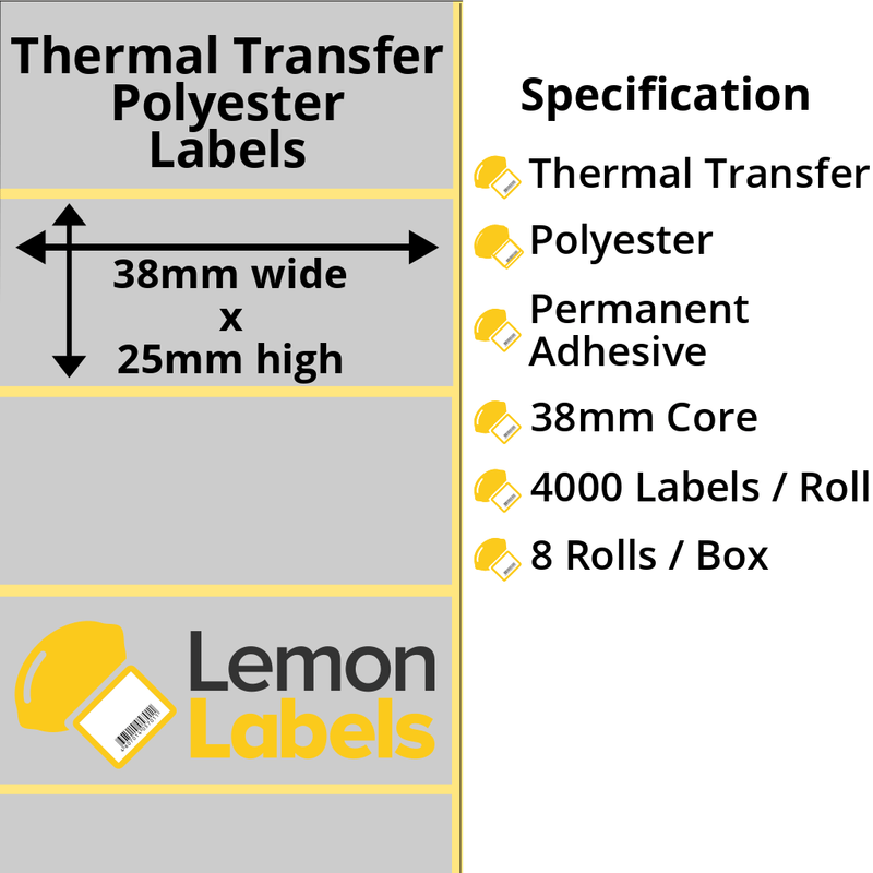 LL1097-27 - 38 x 25mm Silver Polyester Labels With Permanent Adhesive on 38mm Cores