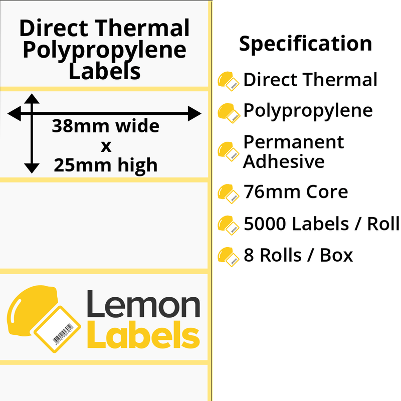 LL1098-24 - 38 x 25mm Direct Thermal Polypropylene Labels With Permanent Adhesive on 76mm Cores