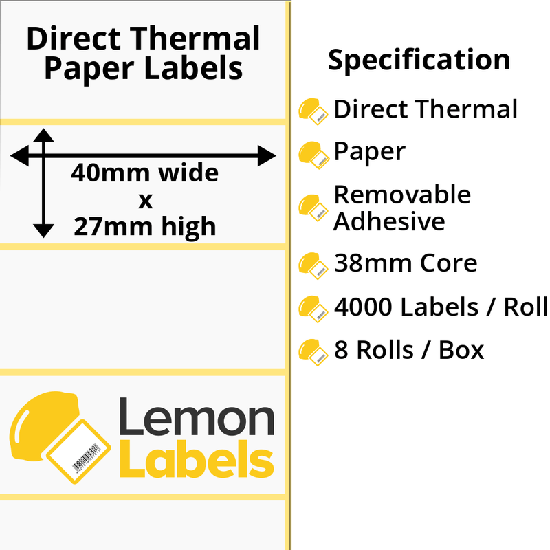 LL1100-22 - 40 x 27mm Direct Thermal Paper Labels With Removable Adhesive on 38mm Cores