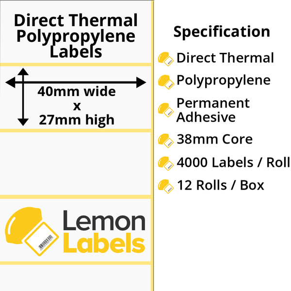 LL1100-24 - 40 x 27mm Direct Thermal Polypropylene Labels With Permanent Adhesive on 38mm Cores
