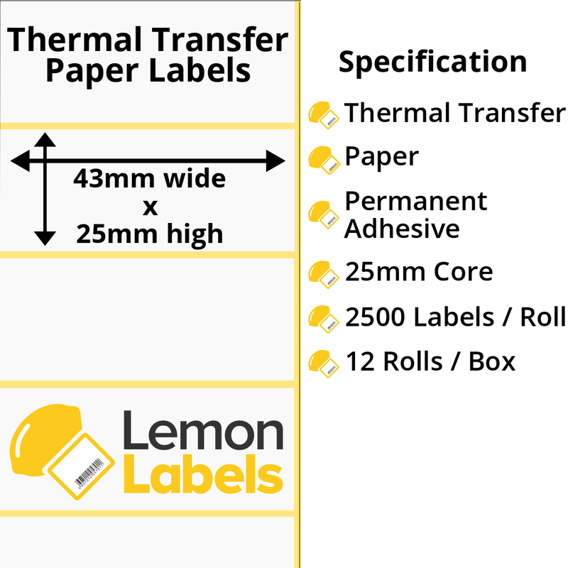 LL1105-21 - 43 x 25mm Thermal Transfer Paper Labels With Permanent Adhesive on 25mm Cores