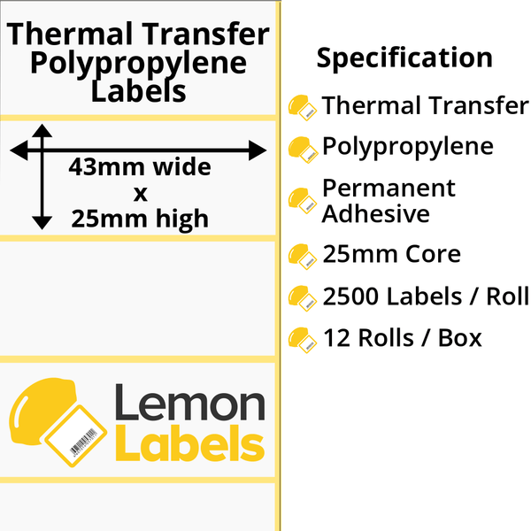 LL1105-26 - 43 x 25mm Gloss White Thermal Transfer Polypropylene Labels With Permanent Adhesive on 25mm Cores