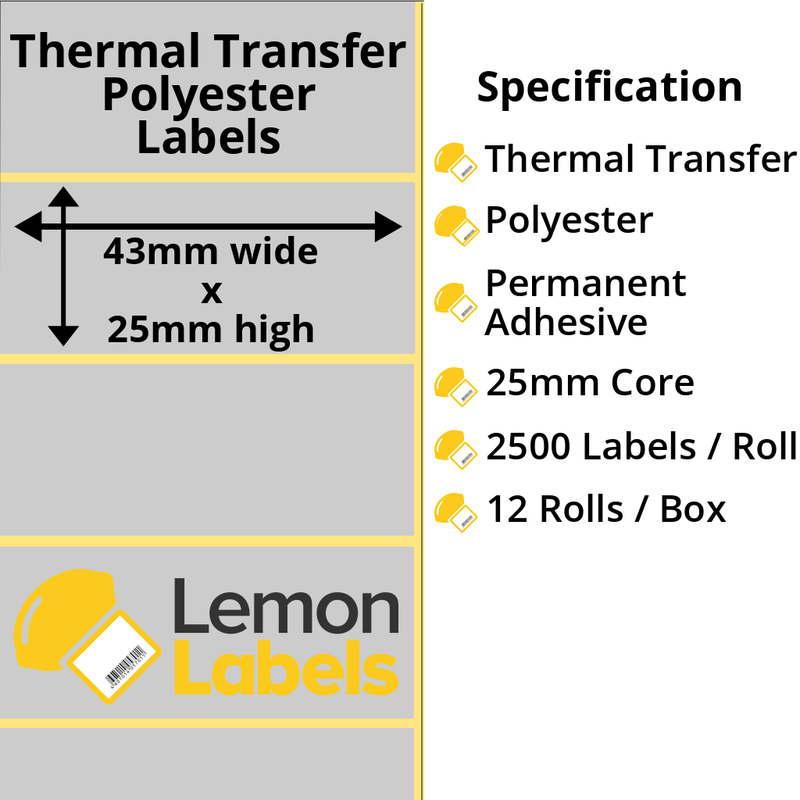 LL1105-27 - 43 x 25mm Silver Polyester Labels With Permanent Adhesive on 25mm Cores