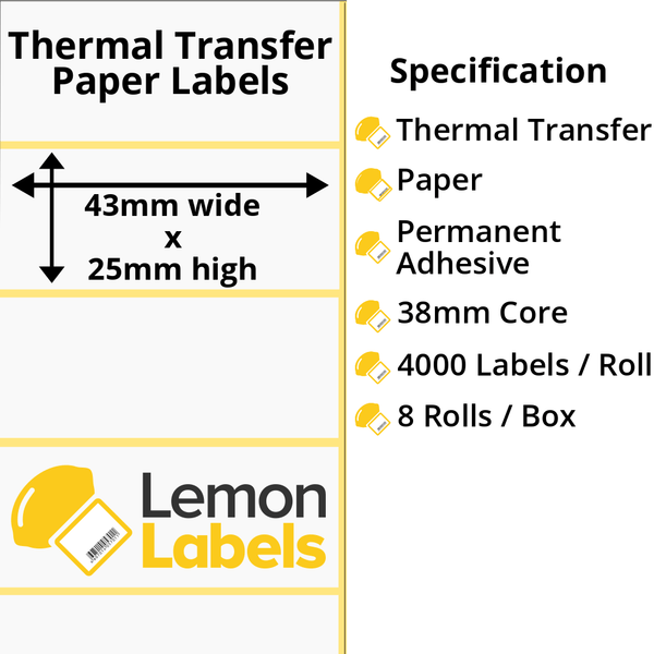 LL1106-21 - 43 x 25mm Thermal Transfer Paper Labels With Permanent Adhesive on 38mm Cores