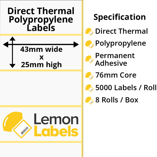 LL1107-24 - 43 x 25mm Direct Thermal Polypropylene Labels With Permanent Adhesive on 76mm Cores