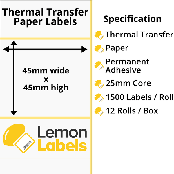 LL1108-21 - 45 x 45mm Thermal Transfer Paper Labels With Permanent Adhesive on 25mm Cores