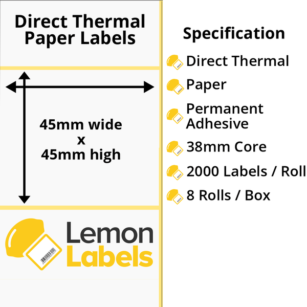 LL1109-20 - 45 x 45mm Direct Thermal Paper Labels With Permanent Adhesive on 38mm Cores