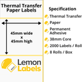 LL1109-21 - 45 x 45mm Thermal Transfer Paper Labels With Permanent Adhesive on 38mm Cores