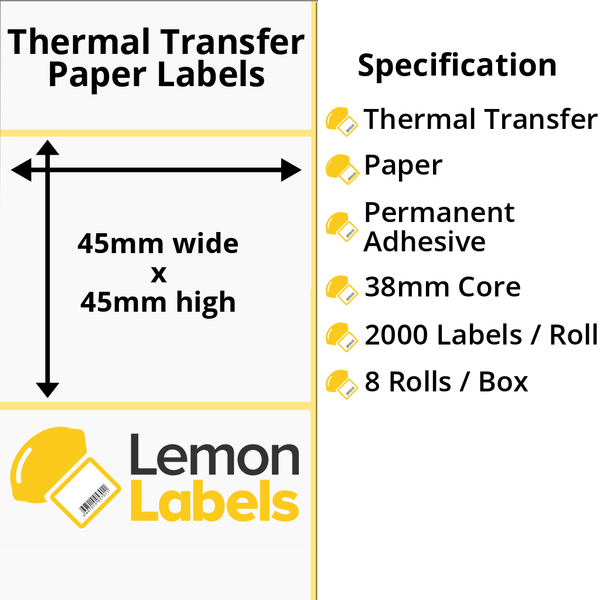 LL1109-21 - 45 x 45mm Thermal Transfer Paper Labels With Permanent Adhesive on 38mm Cores