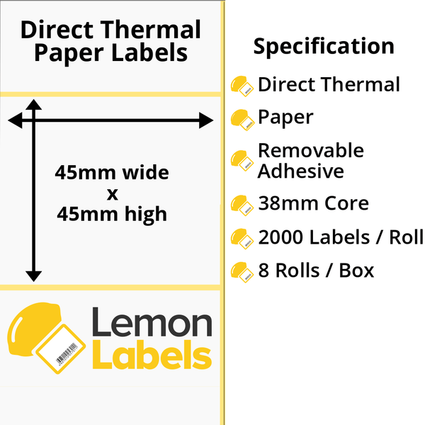 LL1109-22 - 45 x 45mm Direct Thermal Paper Labels With Removable Adhesive on 38mm Cores