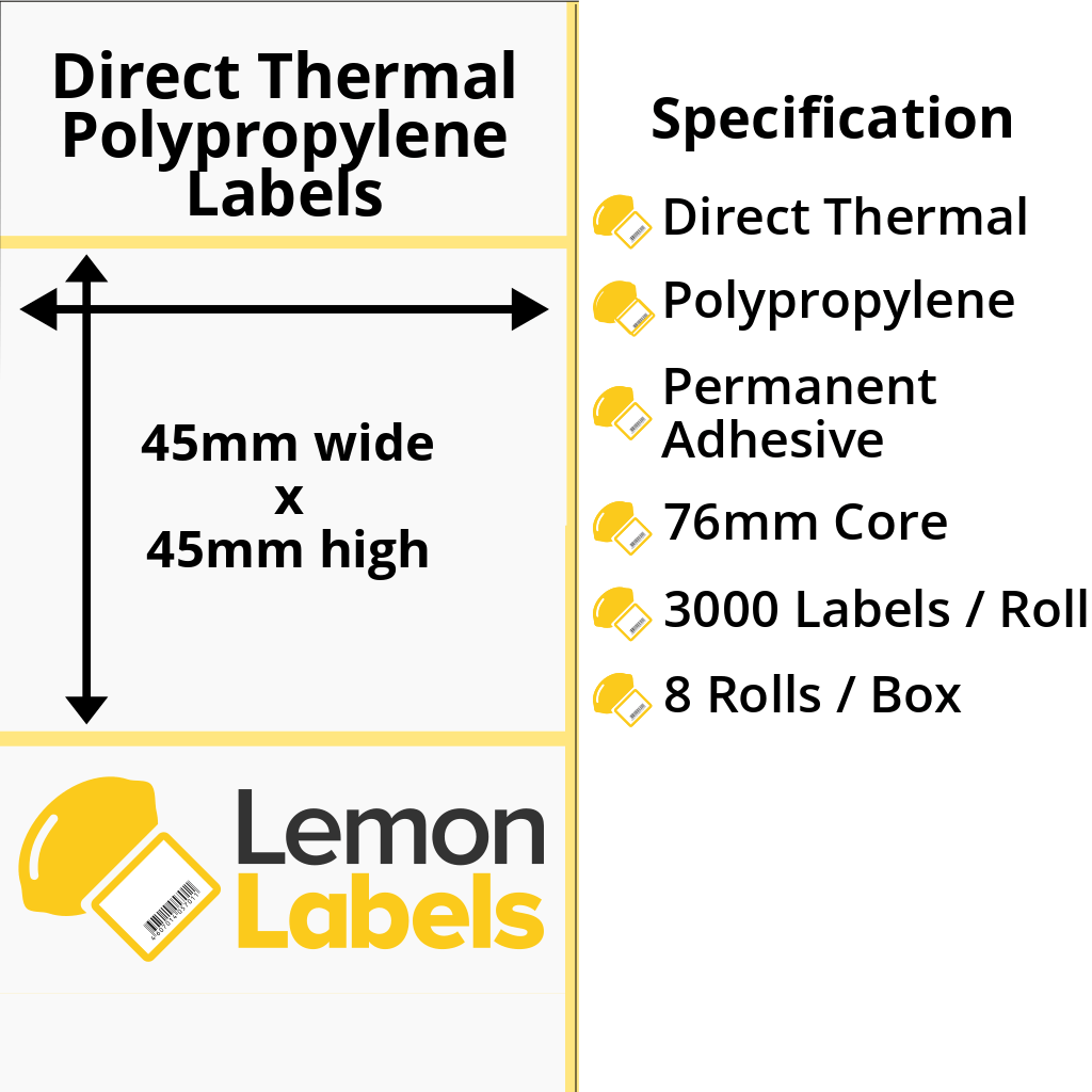 LL1110-24 - 45 x 45mm Direct Thermal Polypropylene Labels With Permanent Adhesive on 76mm Cores