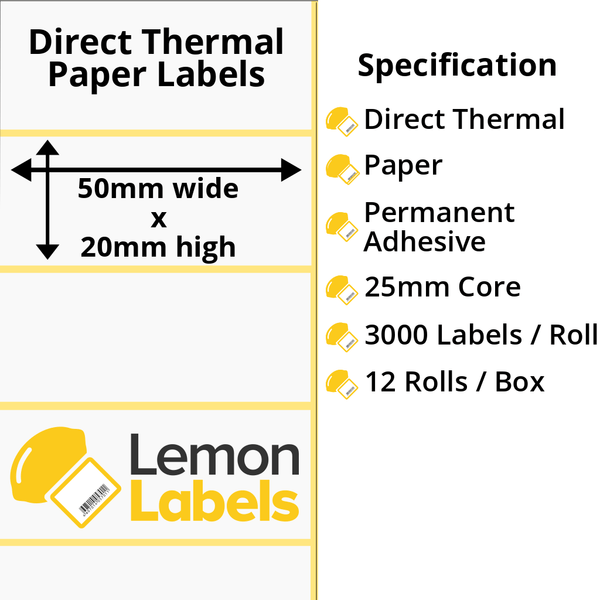 LL1111-20 - 50 x 20mm Direct Thermal Paper Labels With Permanent Adhesive on 25mm Cores