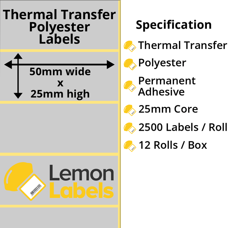 LL1114-27 - 50 x 25mm Silver Polyester Labels With Permanent Adhesive on 25mm Cores